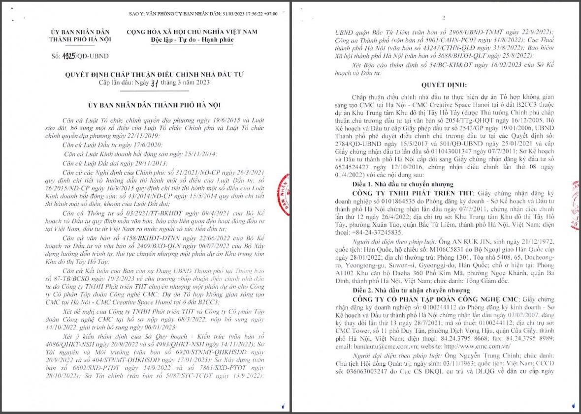 Quyết định về việc CMC nhận chuyển nhượng dự án từ THT Việt Nam. &nbsp;