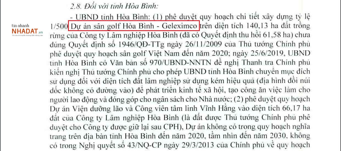 Thông báo kết luận của Thanh tra Chính phủ về những sai phạm tại dự án sân golf Hòa Bình – Geleximco. &nbsp;