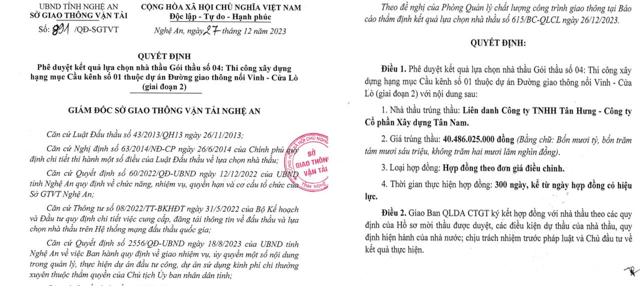 Trong tháng 12/2023, GĐ Sở GTVT tỉnh Nghệ An Hoàng Phú Hiền ký liên tiếp 2 quyết định lựa chọn nhà thầu các gói thầu cho Công ty Xây dựng Tân Nam