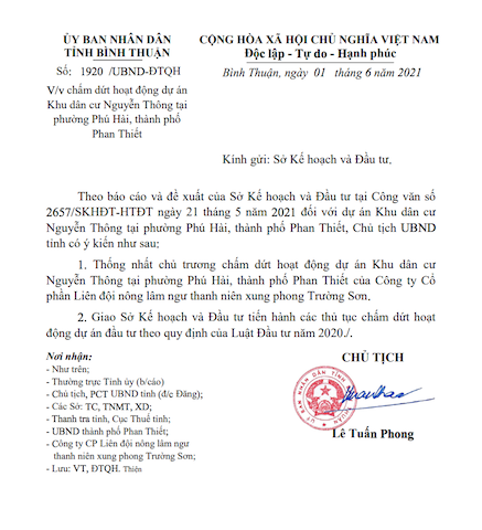 Văn bản của UBND tỉnh Bình Thuận. &nbsp;