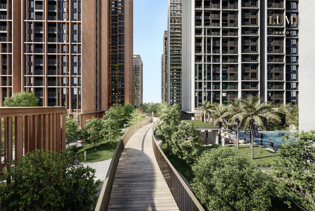 Lumi Hanoi - công trình xanh đầy “tham vọng” của studioMilou tại Việt Nam cùng điểm nhấn Đường dạo trên không dài 170m. (Ảnh: CapitaLand Development Vietnam)
