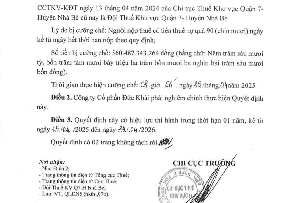 Công ty cổ phần Đức Khải nợ tiền thuế gần 561 tỷ đồng &nbsp;
