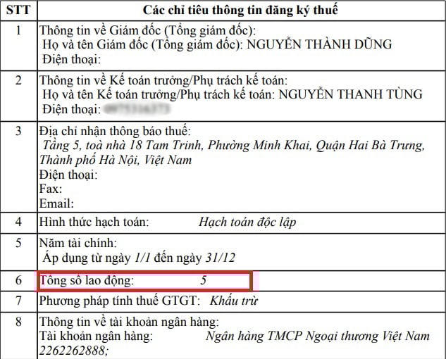 Thiên Khôi Group đăng ký thuế 5 lao động.