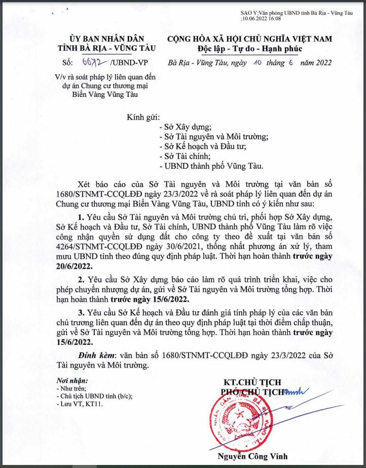 Văn bản về việc rà soát pháp lý tại dự án Gold Sea (Nguồn: UBND tỉnh Bà Rịa – Vũng Tàu). &nbsp;