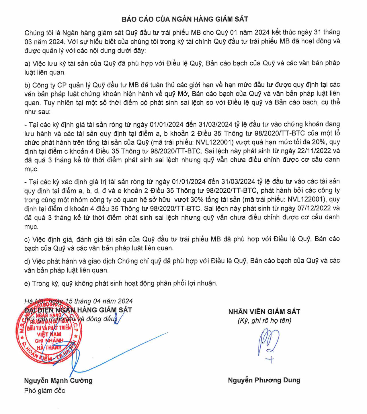 Báo cáo của công ty Quản lý quỹ MB về hoạt động và quản lý Quỹ MBBond trong Quí I/2024