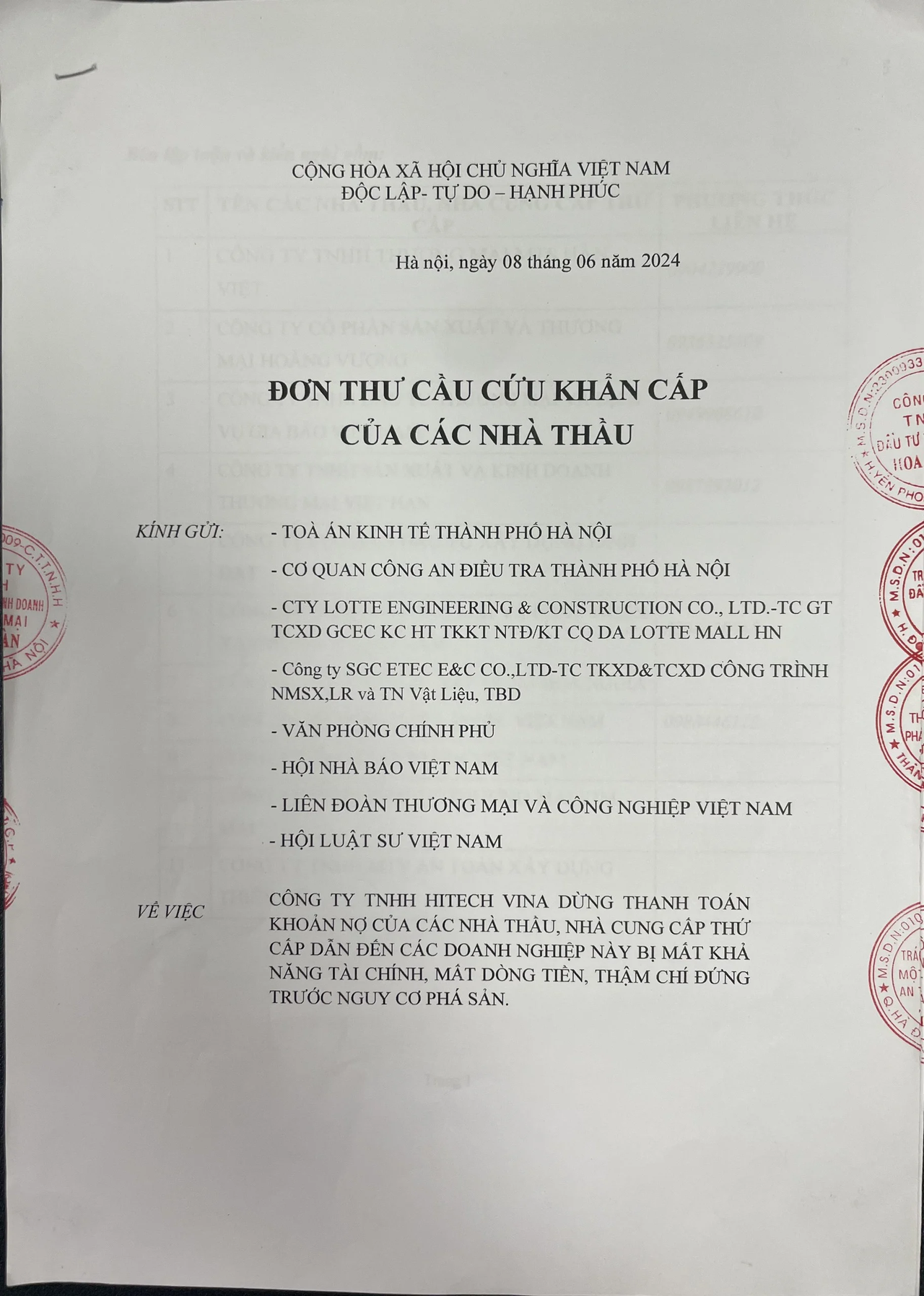 Đơn kêu cứu của các doanh nghiệp Việt Nam.
