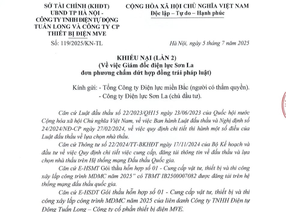 Liên danh Tuấn Long – MVE tiếp tục có văn bản khiếu nại (lần 2) gửi tới Tổng công ty Điện lực miền Bắc và Công ty Điện lực Sơn La. &nbsp;