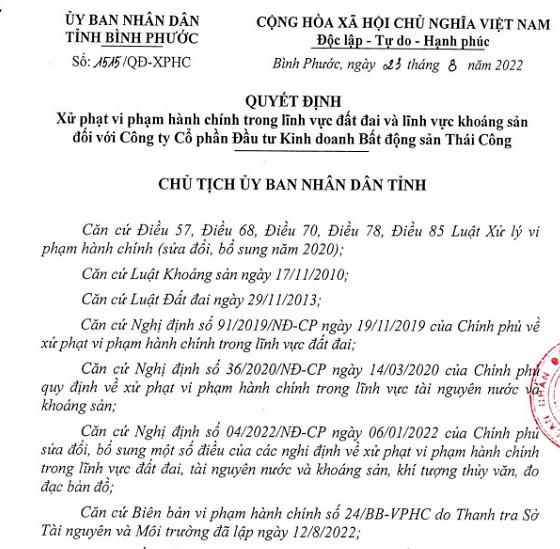 Bình Phước: Vi phạm trong lĩnh vực đất đai và khoáng sản, Công ty Thái Công bị xử phạt