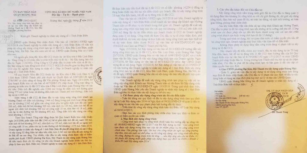 Văn bản của quận Hoàng Mai gửi DNTN xây dựng số 1 tỉnh Điện Biên của ông Lê Thanh Thản nêu rõ Công trình trên khu đất CC2 chỉ được xây dựng là nhà tạm, nhưng thực tế nó đã biến thành Trung tâm sự kiện – tiệc cưới