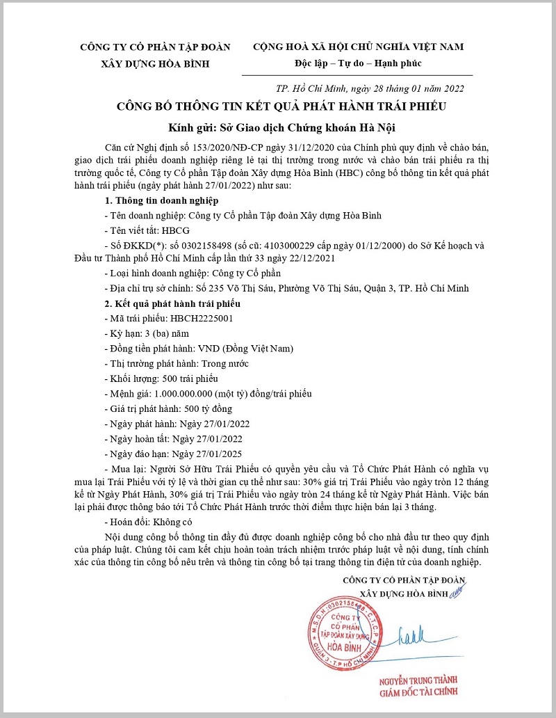 Đợt phát hành trái phiếu gần nhất của HBC giúp doanh nghiệp thu về 500 tỷ đồng. &nbsp;