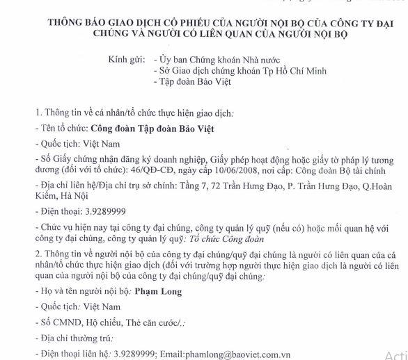 Để cân đối tài chính, Công đoàn Tập đoàn Bảo Việt muốn bán 127.000 cổ phiếu BVH