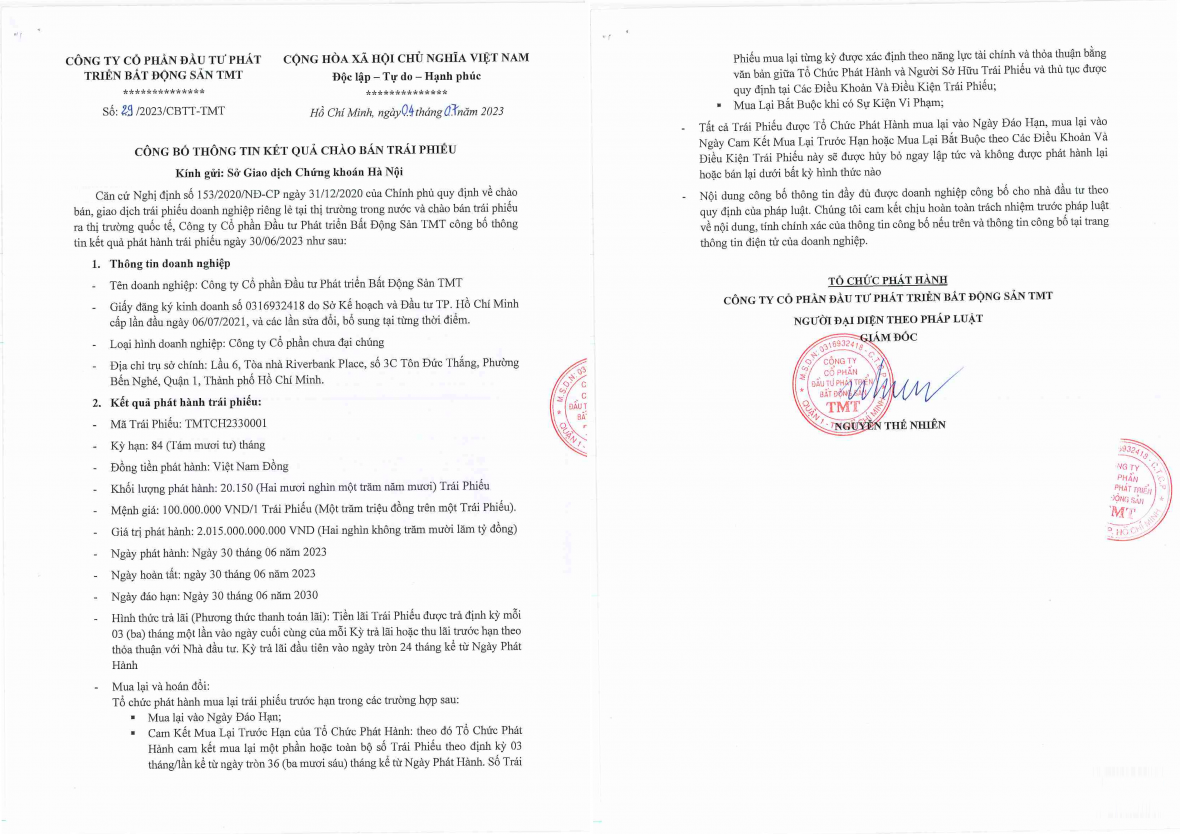 Thông tin công bố của Bất động sản TMT trên HNX. &nbsp;