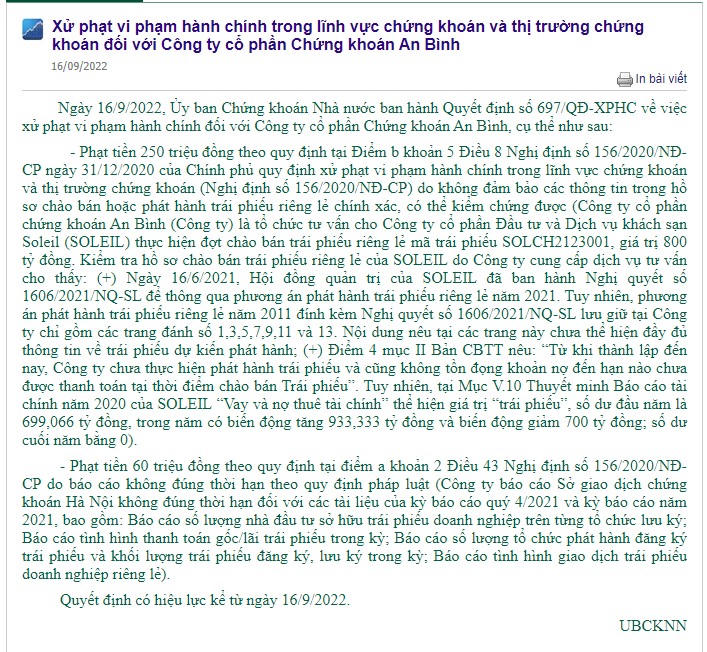 Quyết định xử phạt đối với Chứng khoán An Bình của UBCKNN. &nbsp;