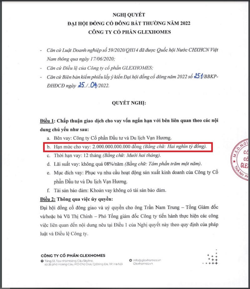 Các quyết định của Glexhomes về việc cho Du lịch Vạn Hương vay tín chấp được thông qua trước đó. &nbsp;