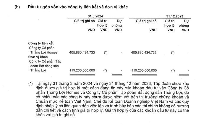Tập đoàn Gỗ An Cường vẫn chưa xác định được giá trị hợp lý một cách đáng tin cậy của khoản đầu tư vào Công ty Cổ phần Thắng Lợi Homes và Công ty Cổ phần Tập đoàn Bất động sản Thắng Lợi?