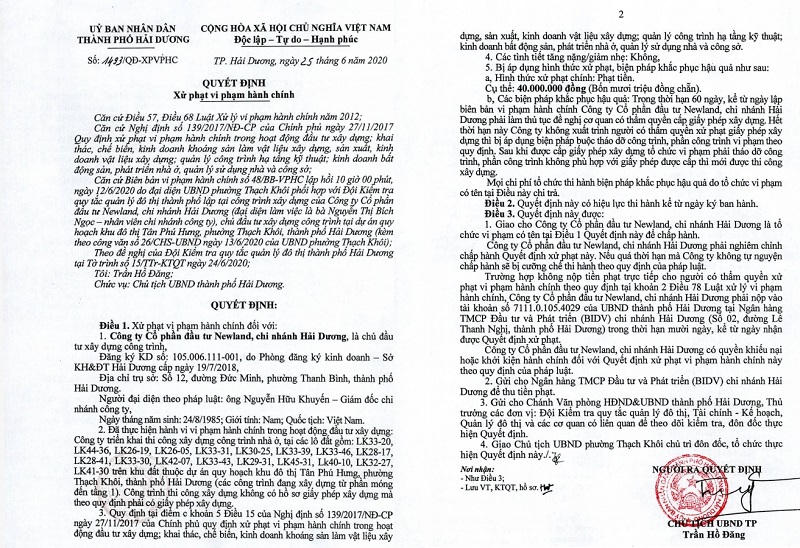 Công ty Newland bị phạt vì xây dựng không phép, mở bán dự án khi chưa đủ điều kiện