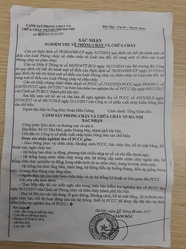 
&nbsp;Tòa nhà được đưa vào sử dụng từ năm 2014, tuy nhiên đến năm 2017 mới được nghiệm thu về PCCC.
