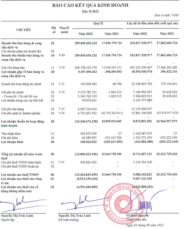 Báo cáo tài chính quý II của Louis Capital