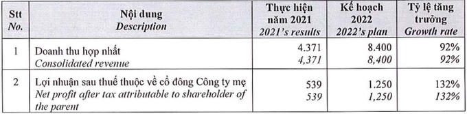 Kế hoạch kinh doanh năm 2022 (tỷ đồng) của Đất Xanh Services.