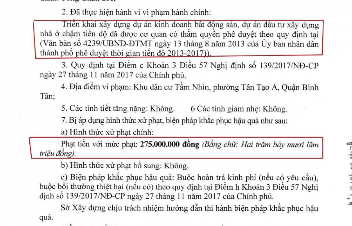Hành vi vi phạm và mức phạt của UBND TP.HCM đối với chủ đầu tư Dacin Việt Nam Tân Tạo