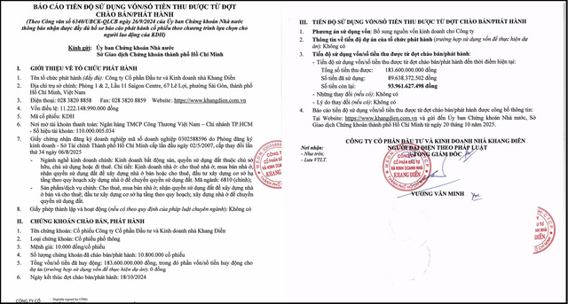Báo cáo tiến độ sử dụng vốn/số tiền thu được từ đợt chào bán cổ phiếu năm 2024 của KDH.