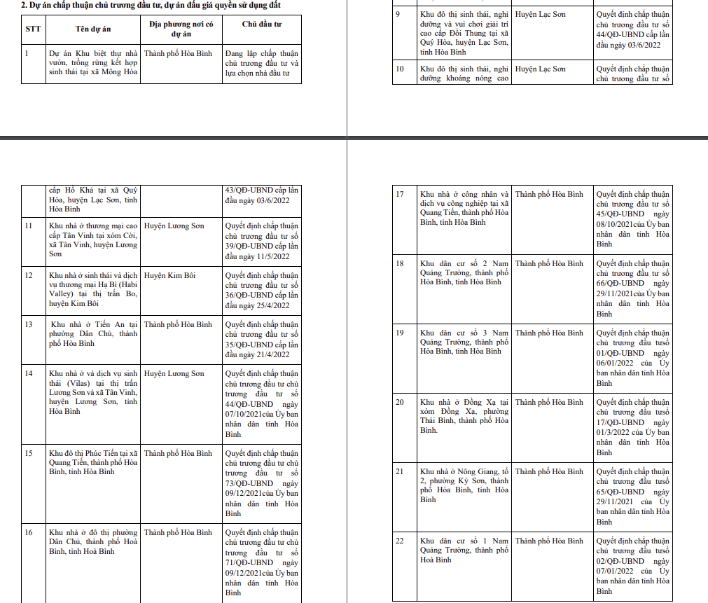 Dự án chấp thuận chủ trương đầu tư, dự án đấu giá quyền sử dụng đất.