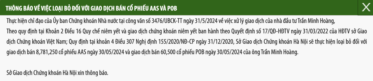 Thông báo loại bỏ giao dịch đối với nhà đầu tư Trần Minh Hoàng