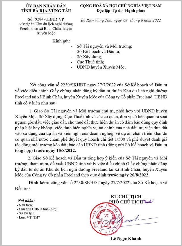 Công văn số 9284 của UBND tỉnh Bà Rịa – Vũng Tàu. &nbsp;