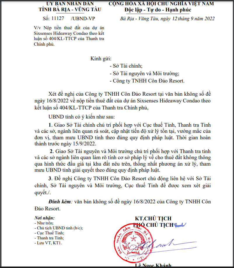 Văn bản của UBND tỉnh Bà Rịa – Vũng Tàu, yêu cầu làm rõ việc cho thuê đất dự án Sixsenses Hideaway Condao không qua đấu giá &nbsp;