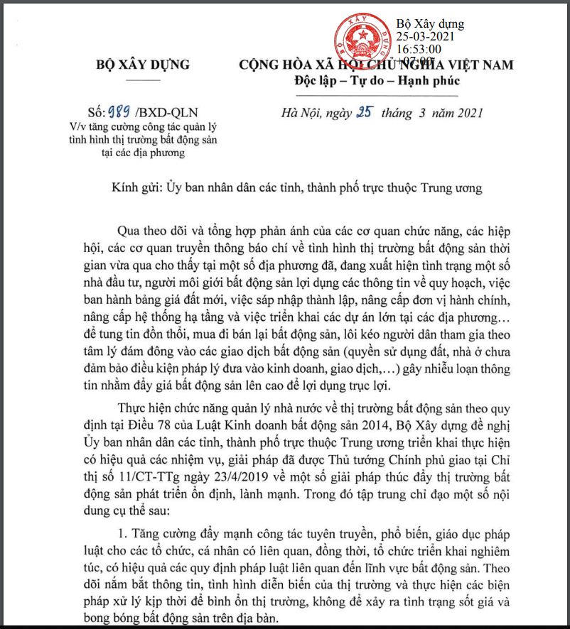 Công văn của Bộ Xây dựng. &nbsp;