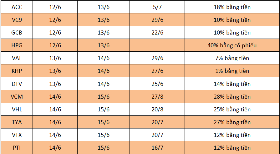 Lịch chốt quyền cổ tức tuần 11 - 17/6 