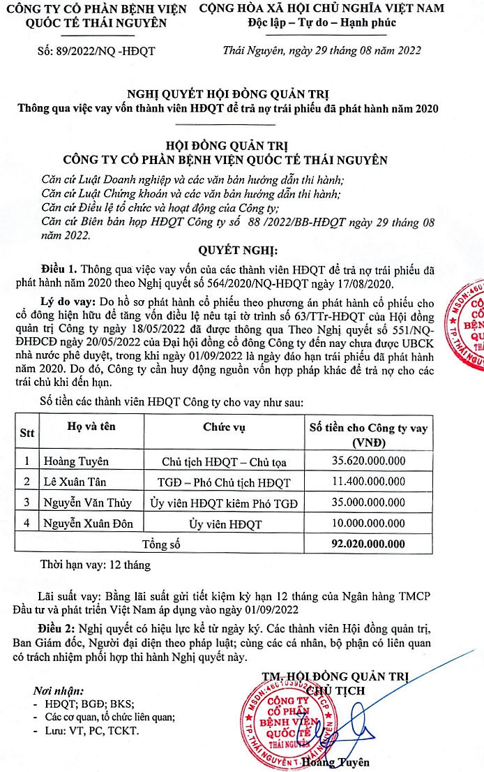 Nghị quyết vay nợ thành viên HĐQT để trả nợ trái phiếu