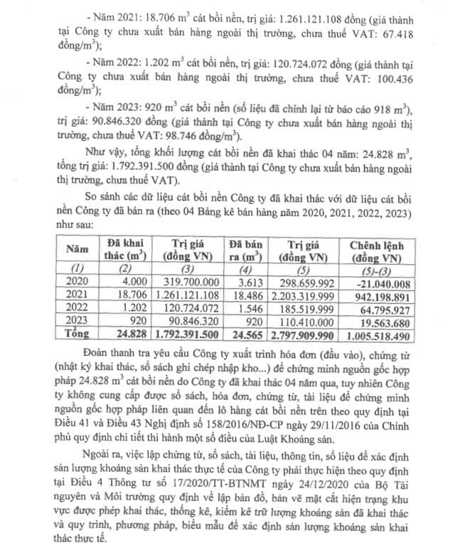Công ty Long Thái Việt không cung cấp được chứng từ chứng minh nguồn gốc đầu vào hợp pháp của cát bồi.