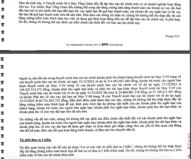 Đơn vị kiểm toán từ chối đưa ra ý kiến kiểm toán đối với báo cáo tài chính năm 2023 của Xi măng Công Thanh