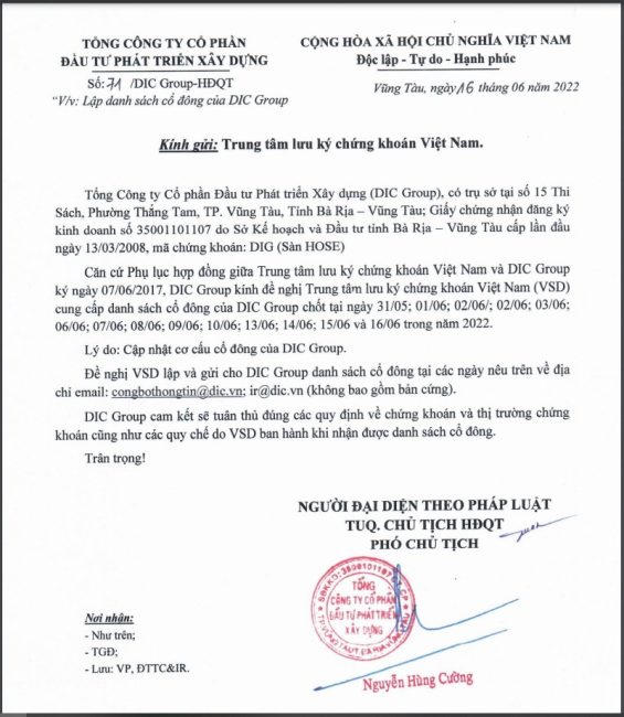 Văn bản về việc lập danh sách cổ đông của DIC Corp. &nbsp;