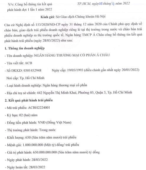 Thông tin kết quả phát hành trái phiếu tại ngân hàng ACB (Nguồn: HNX) &nbsp;