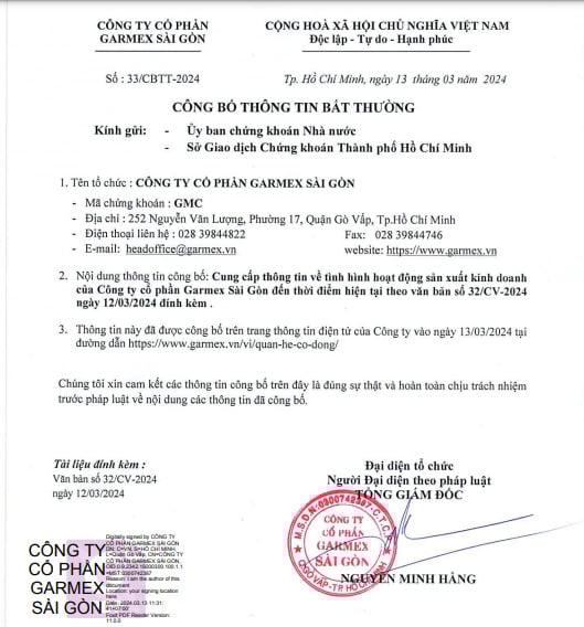Garmex công bố thông tin &nbsp;