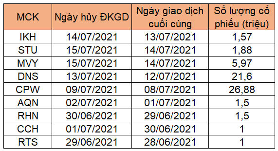 9 cổ phiếu bị hủy đăng ký giao dịch trên sàn chứng khoán từ tháng 7