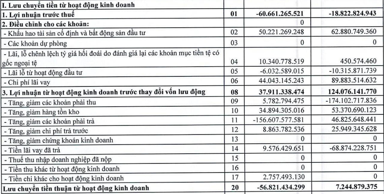 Lưu chuyển tiền từ hoạt động kinh doanh của doanh nghiệp ghi nhận con số âm 114 tỷ đồng. &nbsp;
