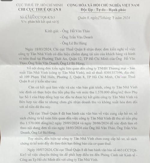 Văn bản phản hồi kết quả xử lý của Chi cục Thuế Quận 8, Tp.HCM. &nbsp;