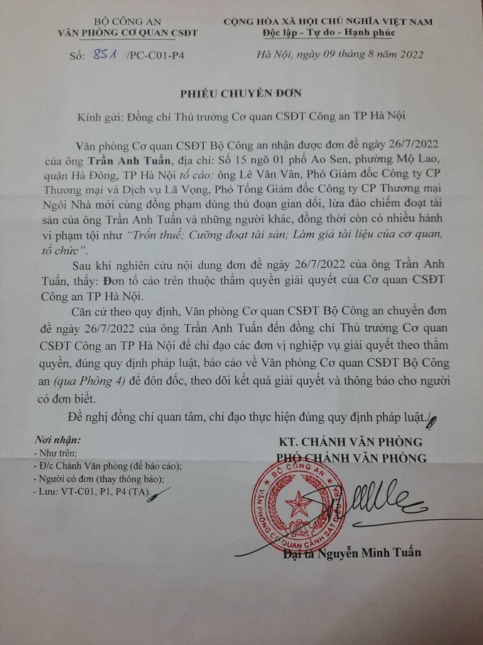 Phiếu chuyển đơn của Văn phòng Cơ quan CSĐT, Bộ Công An. &nbsp;