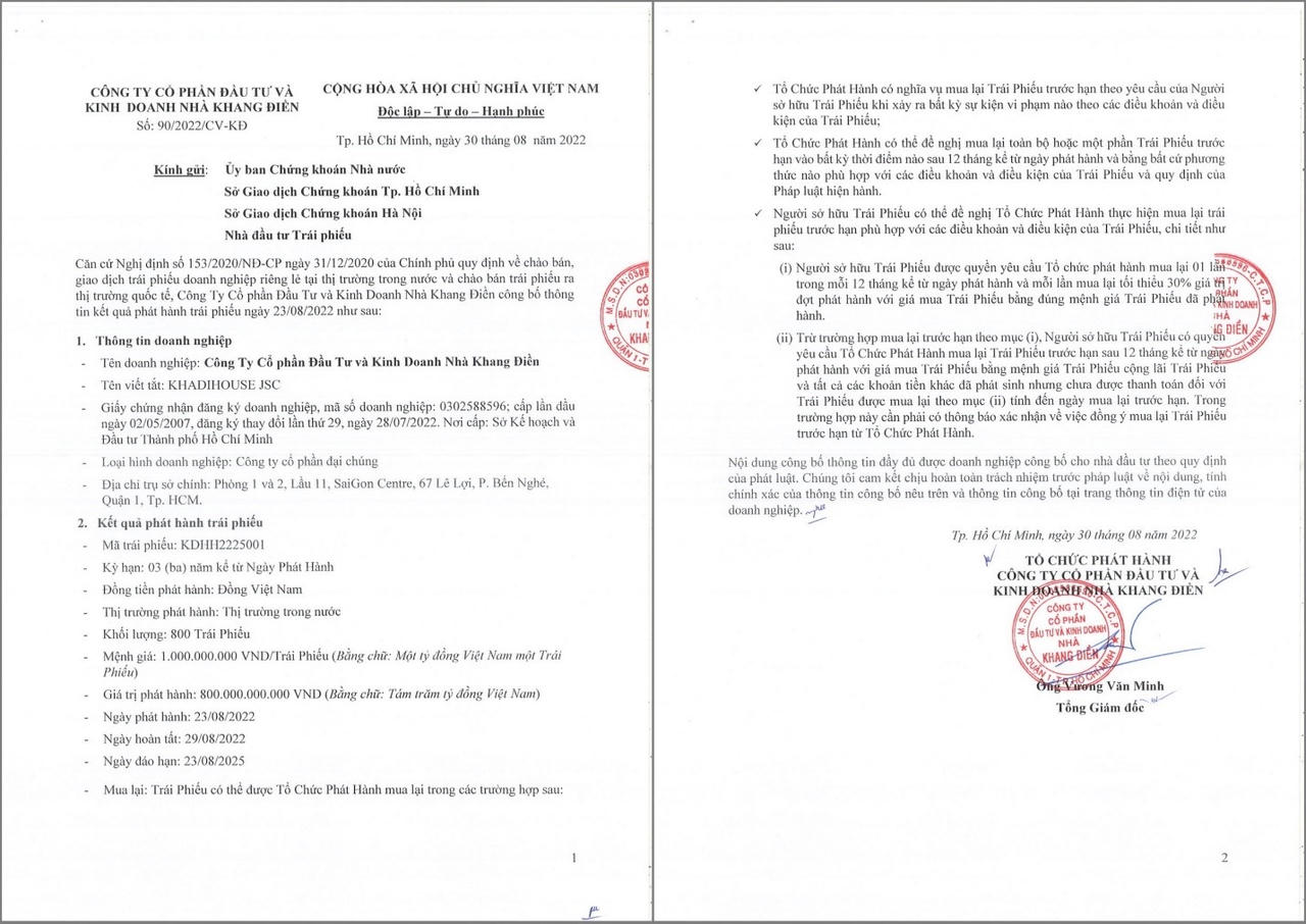 Thông báo về việc KDH phát hành thành công 800 tỷ đồng trái phiếu “3 không”. &nbsp;