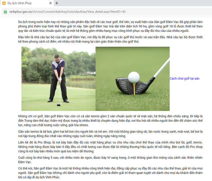 Cổng thông tin điện tử UBND tỉnh Vĩnh Phúc giới thiệu Sân golf Đầm Vạc. Ảnh (vinhphuc.gov.vn) &nbsp;