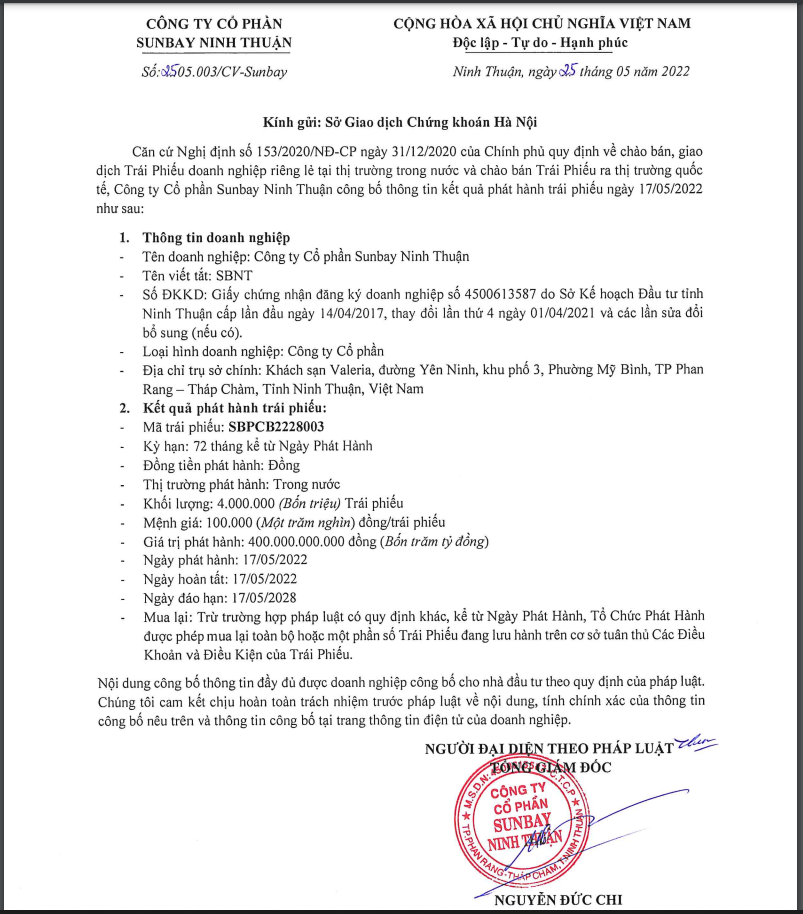 Sunbay Ninh Thuận huy động thành công 1.700 tỷ đồng trái phiếu trong 5 tháng