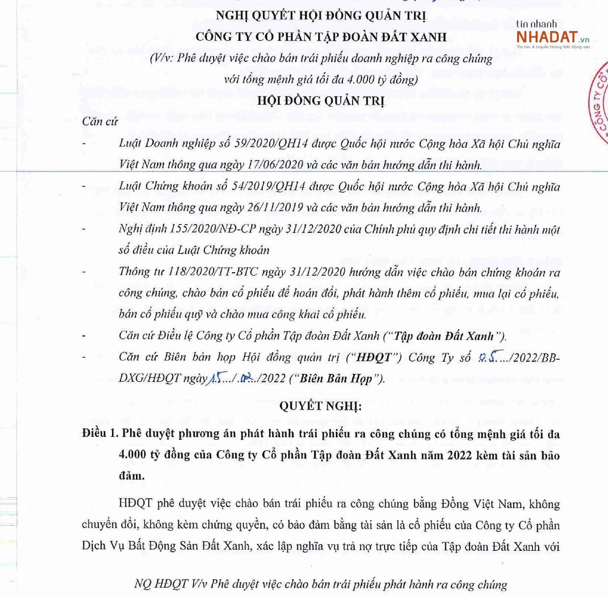 Quyết định phê duyệt phương án phát hành trái phiếu ra công chúng của Đất Xanh.&nbsp;&nbsp;