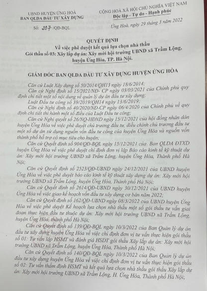 Quyết định phê duyệt Gói thầu số 03: Xây lắp dự án: Xây dựng mới hội trường UBND xã Trầm Lộng, huyện Ứng Hoà, Tp.Hà Nội.