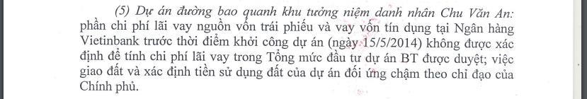 Một số nội dung trong KLTT liên quan đến dự án BT xây dựng các tuyến đường bao quanh khu tưởng niệm doanh nhân Chu Văn An của Bitexco. &nbsp;