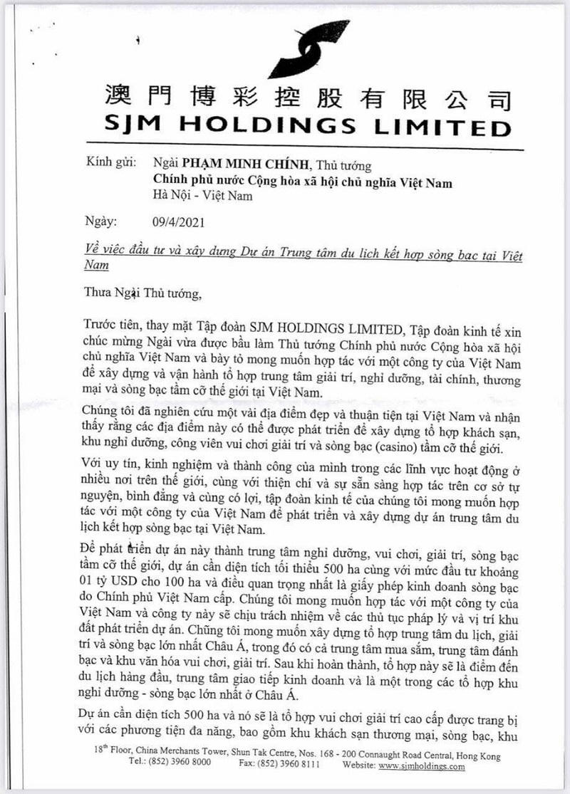 Lá thư được phát tán trên mạng về việc SJM Holdings muốn làm dự án Casino 6 tỷ USD tại Việt Nam. &nbsp;