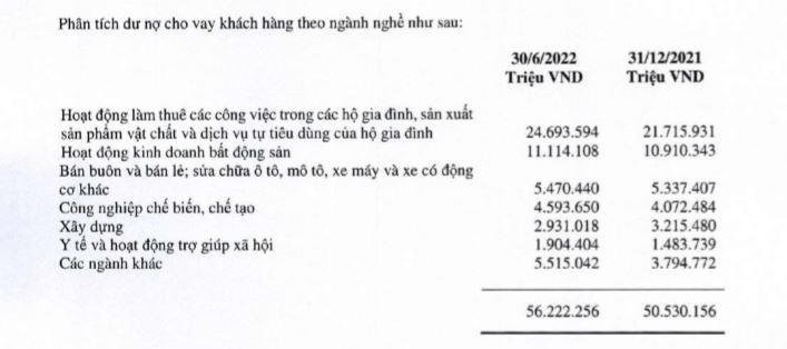 Dư nợ cho vay theo ngành tại VietBank (nguồn: BCTC hợp nhất quý 2/2022) &nbsp;