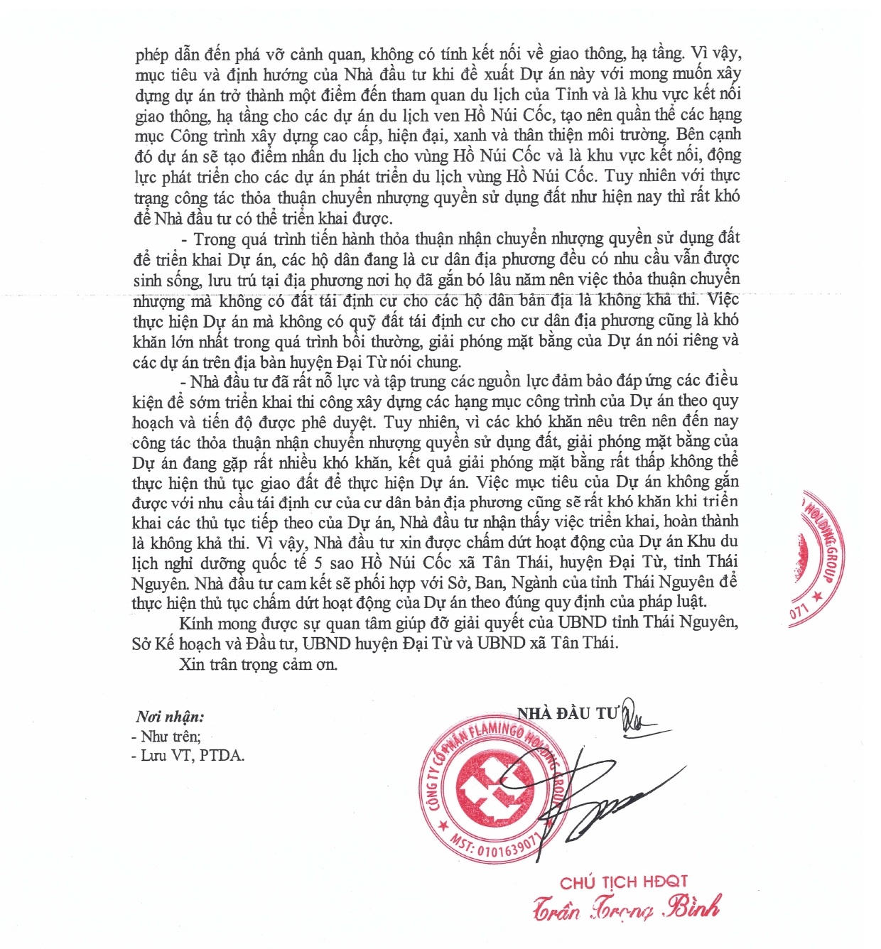 Báo cáo tình hình thực hiện và chủ động xin chấm dứt hoạt động đầu tư dự án Khu du lịch nghỉ dưỡng quốc tế 5 sao Hồ Núi Cốc của Flamingo.